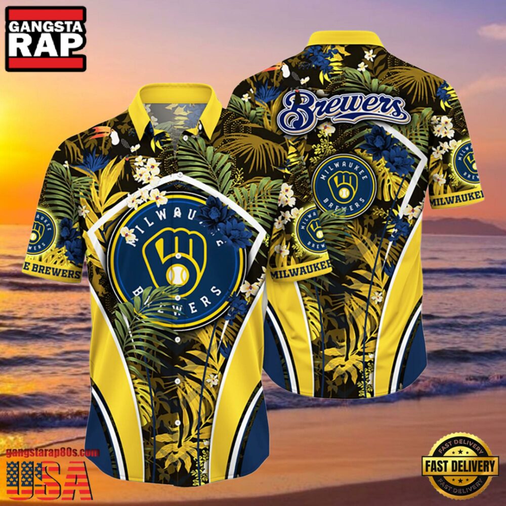 MLB Milwaukee Brewers Tropical Palms Black Hot Summer Hawaiian Shirt MLB Milwaukee Brewers Tropical Palms Black Hot Summer Hawaiian Shirt