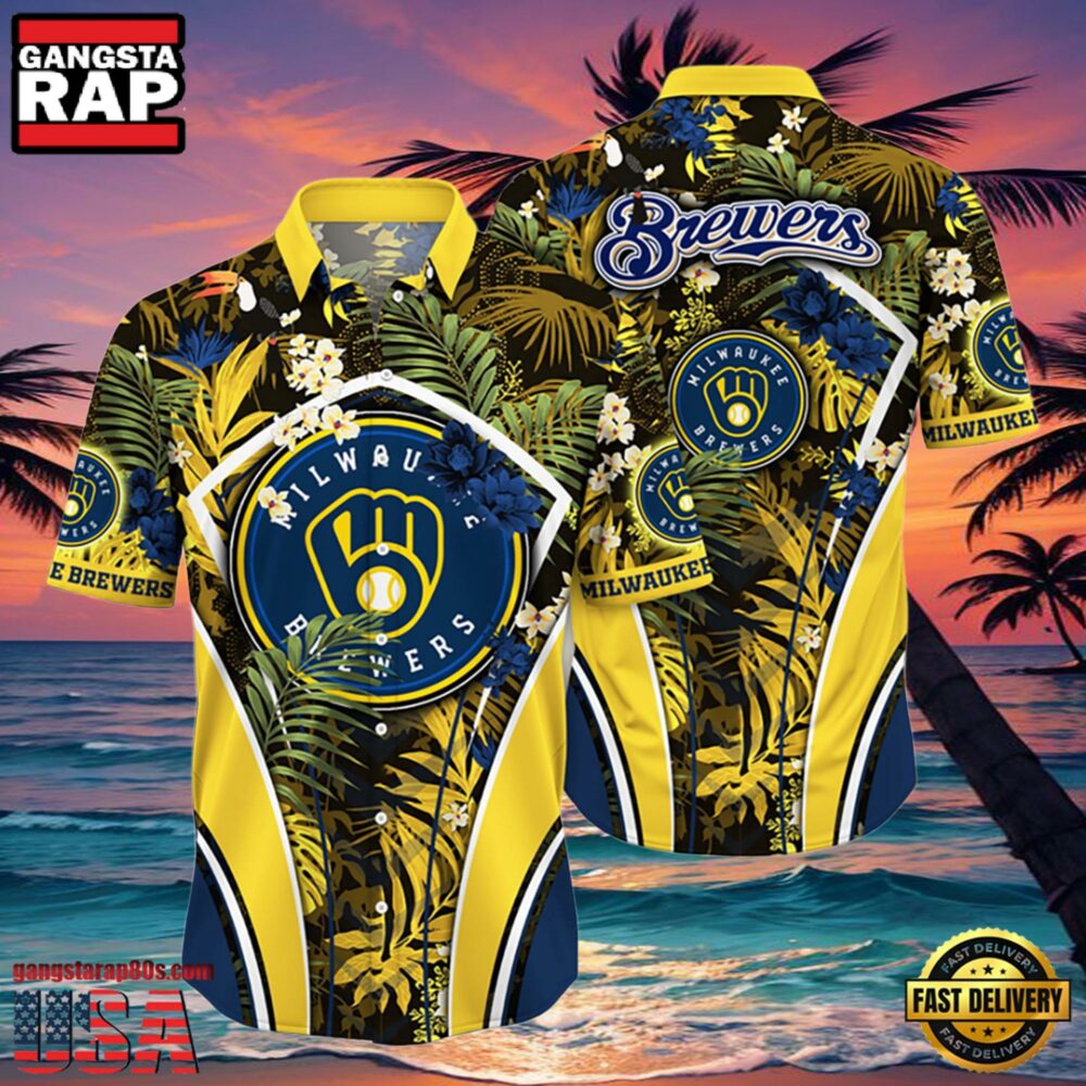MLB Milwaukee Brewers Tropical Palms Black Hot Summer Hawaiian Shirt MLB Milwaukee Brewers Tropical Palms Black Hot Summer Hawaiian Shirt
