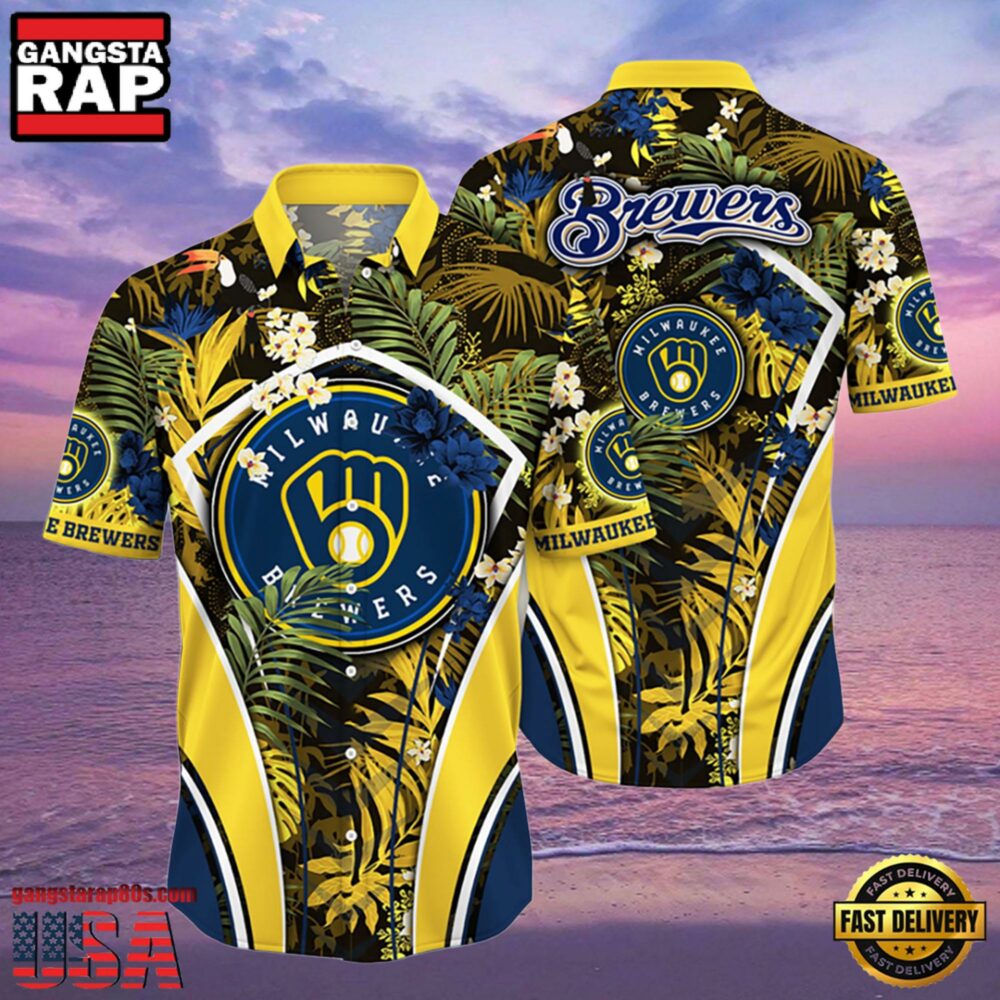 MLB Milwaukee Brewers Tropical Palms Black Hot Summer Hawaiian Shirt MLB Milwaukee Brewers Tropical Palms Black Hot Summer Hawaiian Shirt
