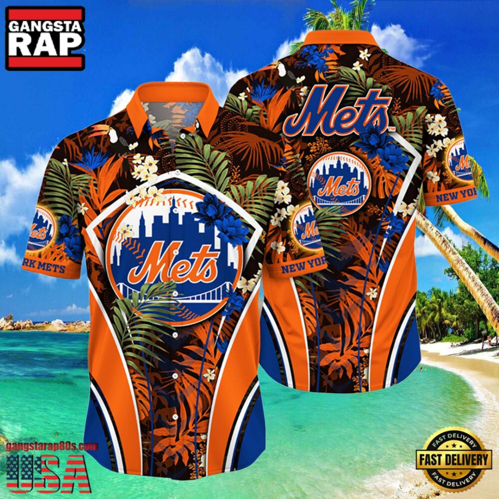 MLB New York Mets Hibiscus Tropical Flowers Stripe Hot Summer Hawaiian Shirt