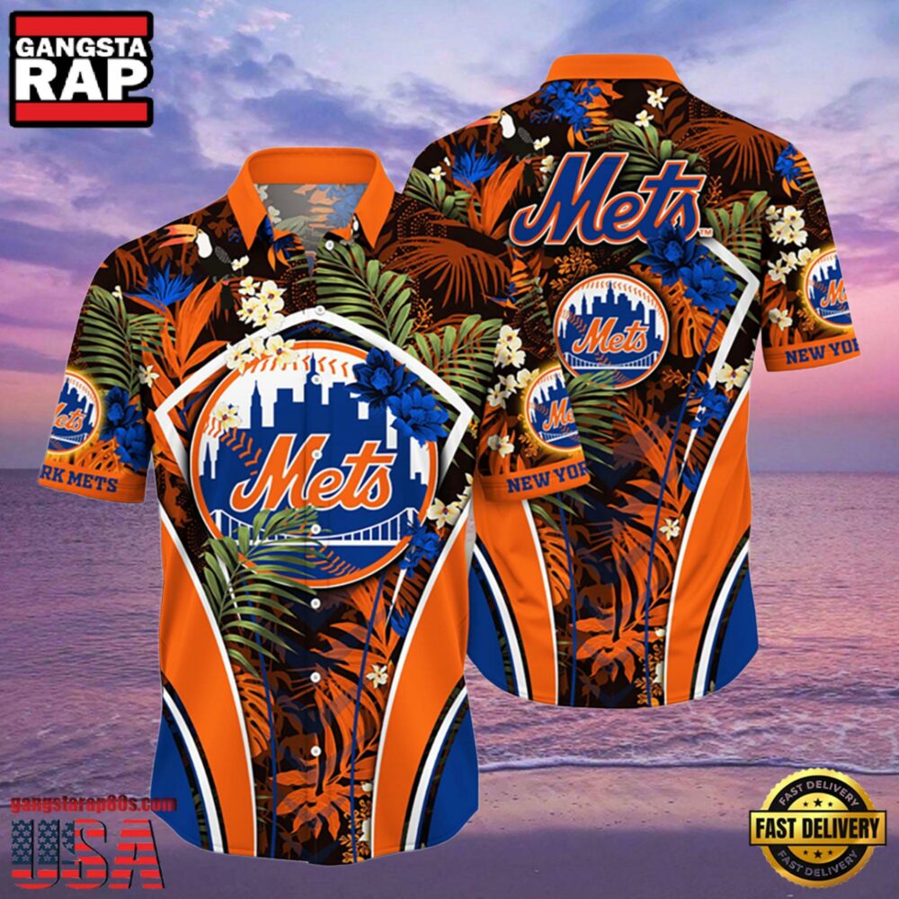 MLB New York Mets Hibiscus Tropical Flowers Stripe Hot Summer Hawaiian Shirt