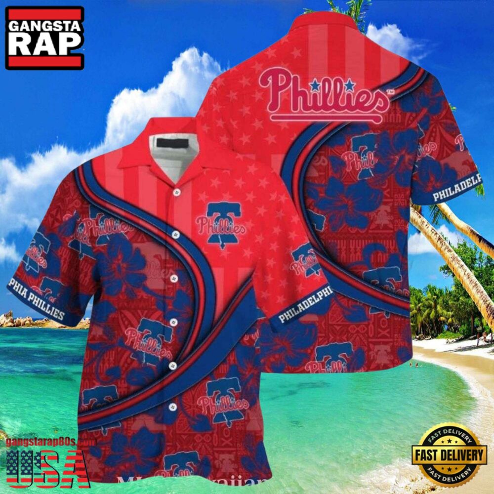 MLB Philadelphia Phillies Red Pinstripe Fanfare Tropical Aloha Hawaiian Shirt MLB Philadelphia Phillies Red Pinstripe Fanfare Tropical Aloha Hawaiian Shirt