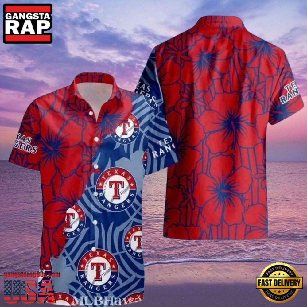 MLB Red And Blue Texas Rangers Emblem Hot Summer Hawaiian Shirt â€“ Tropical Vibes Edition