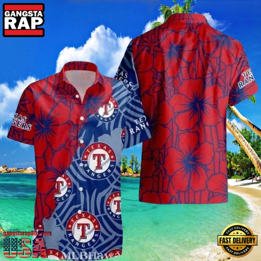 MLB Red And Blue Texas Rangers Emblem Hot Summer Hawaiian Shirt Tropical Vibes Edition MLB Red And Blue Texas Rangers Emblem Hot Summer Hawaiian Shirt Tropical Vibes Edition
