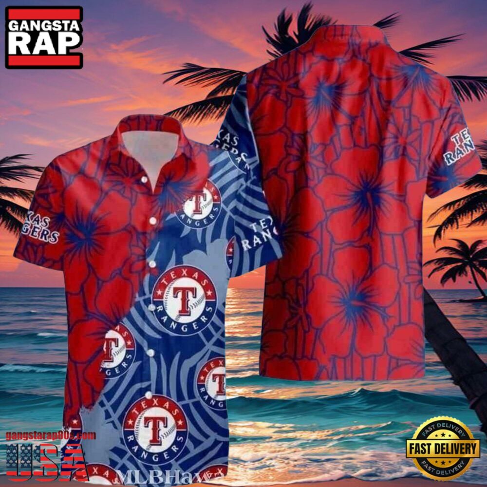 MLB Red And Blue Texas Rangers Emblem Hot Summer Hawaiian Shirt â€“ Tropical Vibes Edition