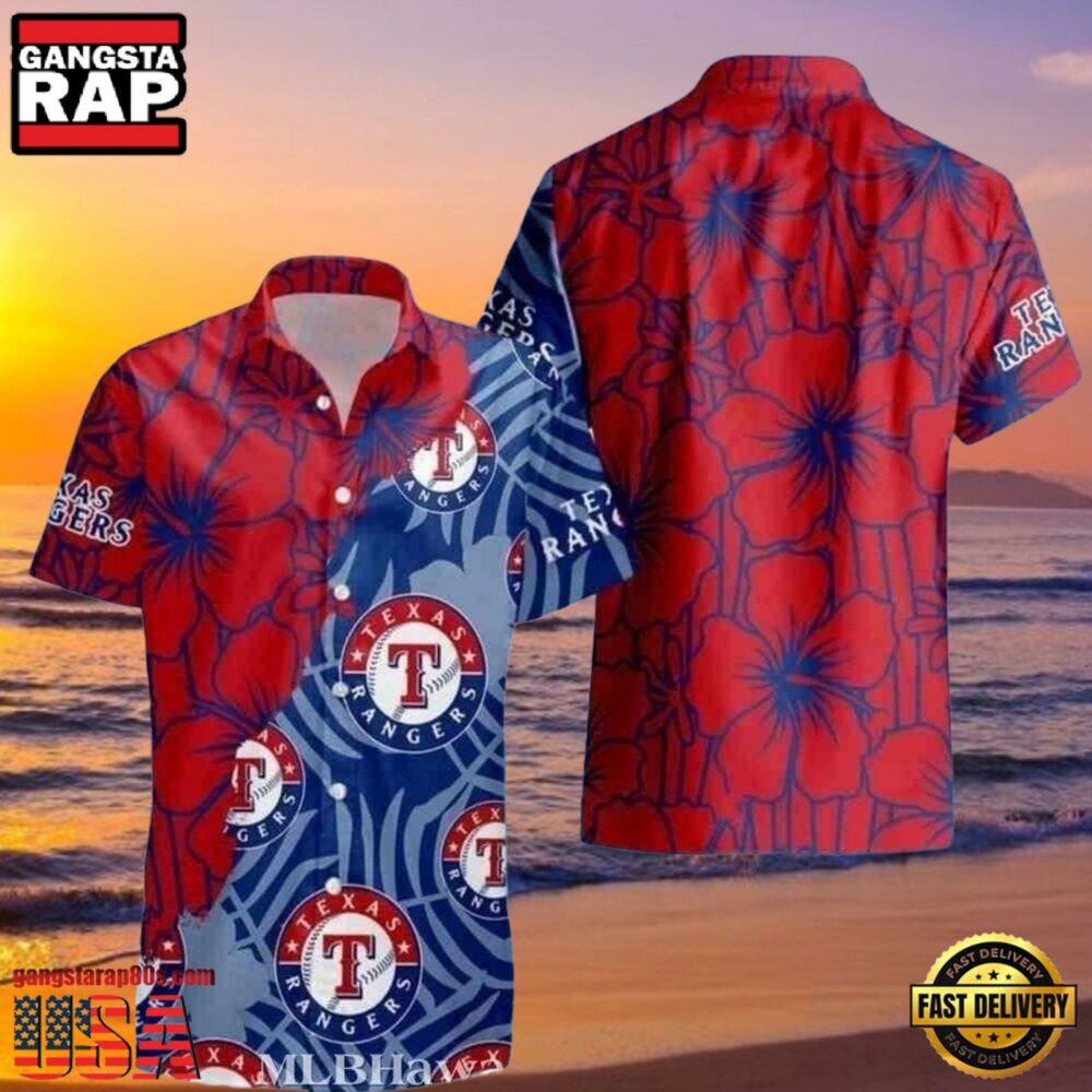 MLB Red And Blue Texas Rangers Emblem Hot Summer Hawaiian Shirt Tropical Vibes Edition MLB Red And Blue Texas Rangers Emblem Hot Summer Hawaiian Shirt Tropical Vibes Edition