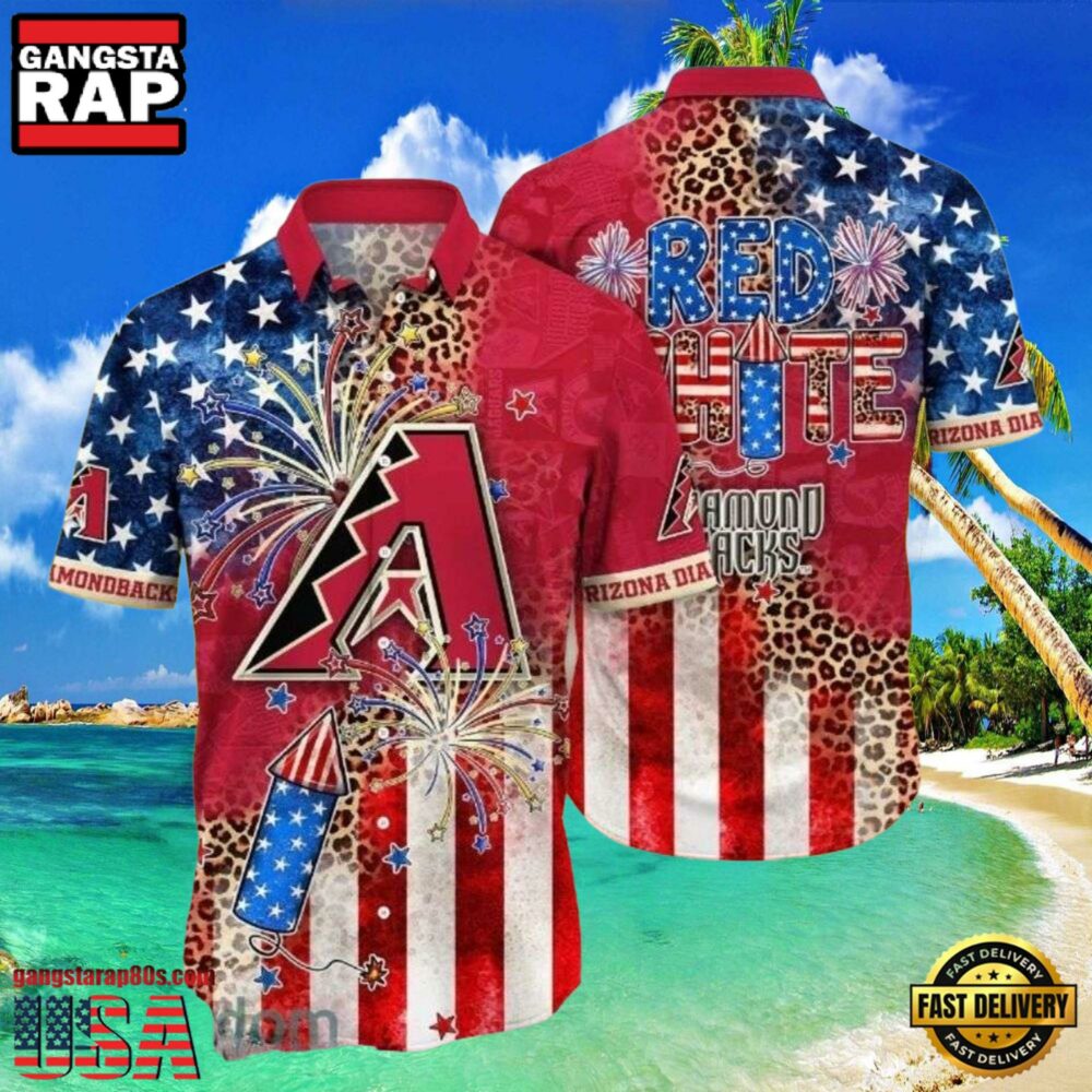 MLB Red, White, & Diamondbacks Hot Summer Aloha Shirt Patriotic Firework Spectacle MLB Red, White, & Diamondbacks Hot Summer Aloha Shirt Patriotic Firework Spectacle