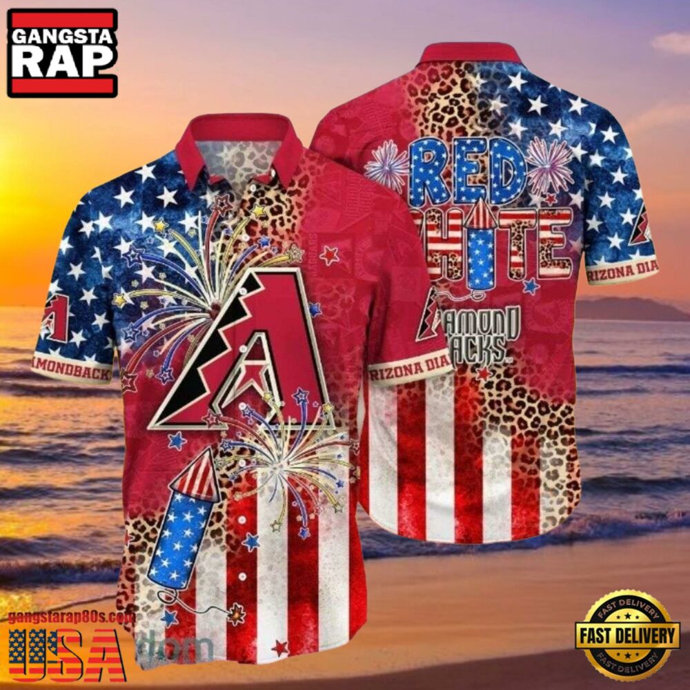MLB Red, White, & Diamondbacks Hot Summer Aloha Shirt Patriotic Firework Spectacle MLB Red, White, & Diamondbacks Hot Summer Aloha Shirt Patriotic Firework Spectacle