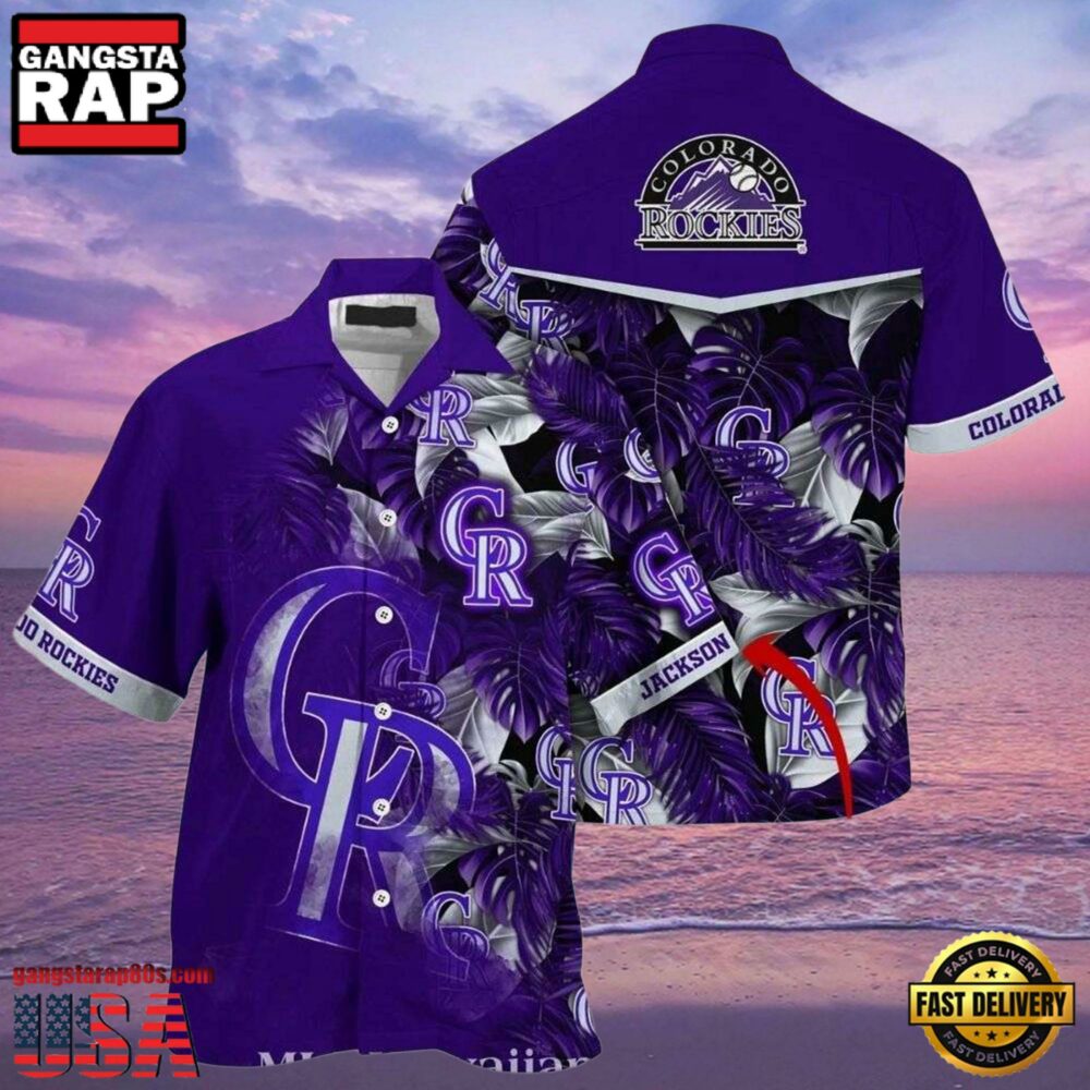 MLB Rockies Customizable Name Purple Leaves Hot Summer Hawaiian Shirt