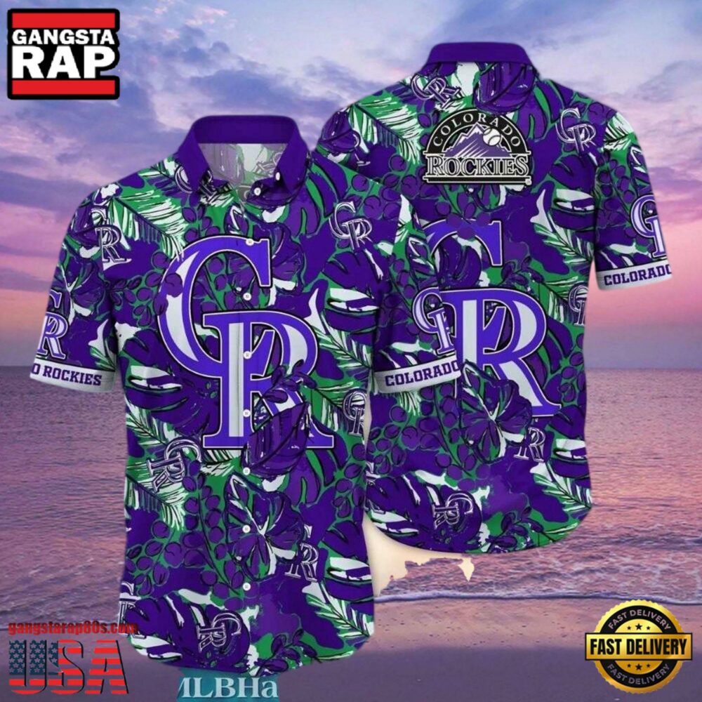 MLB Rockies Lavender Tropics Button-Up Hot Summer Aloha Shirt