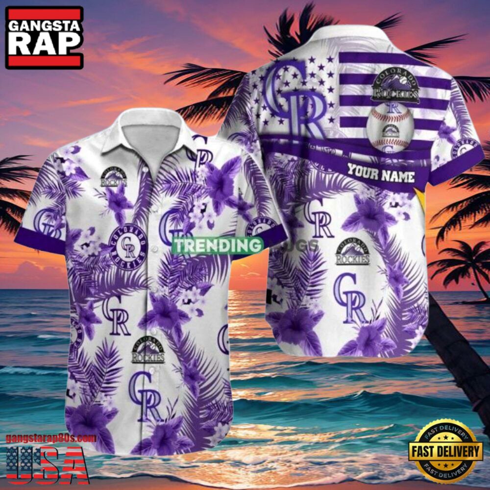 MLB Rockies White Purple Palm Hot Summer Aloha Shirt
