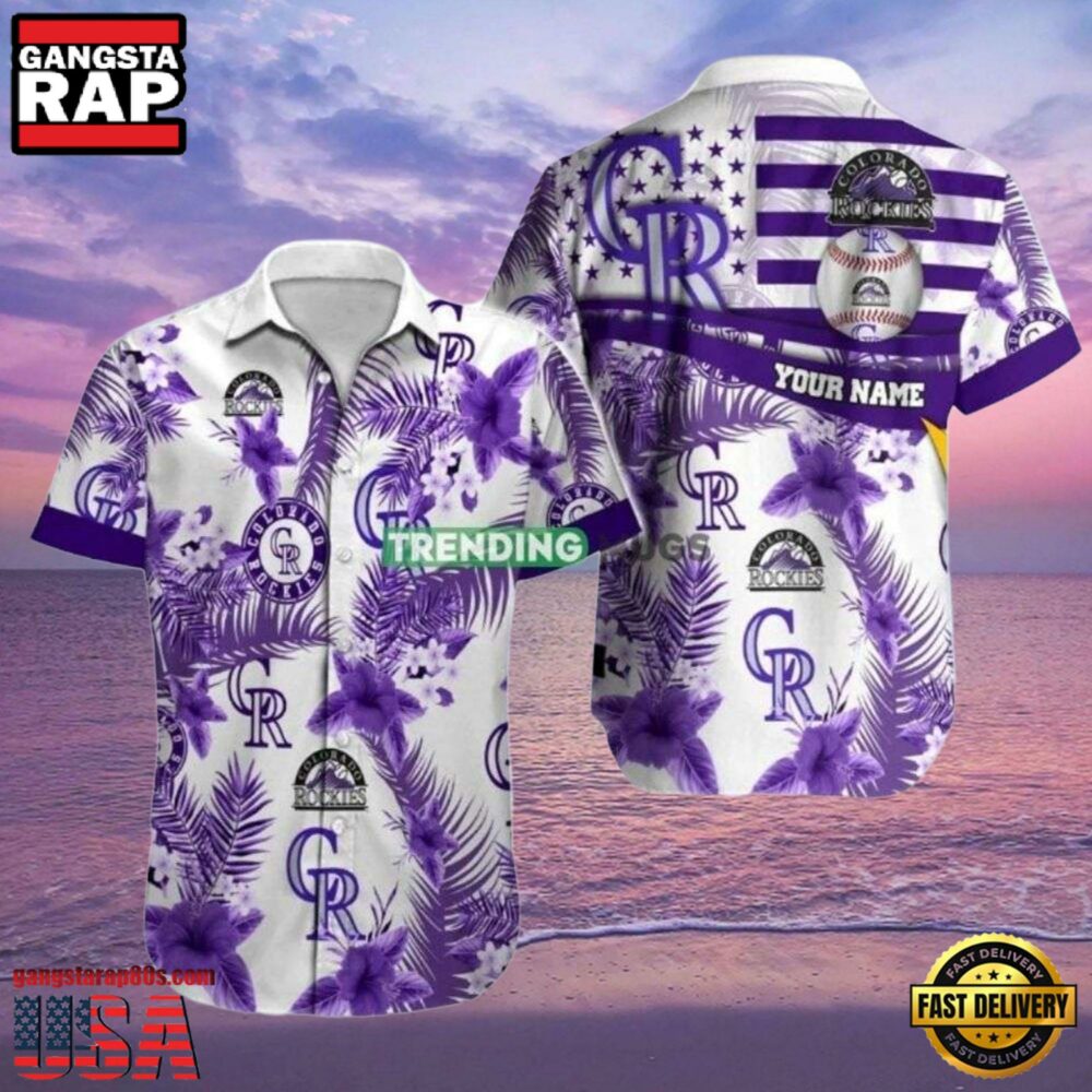 MLB Rockies White Purple Palm Hot Summer Aloha Shirt