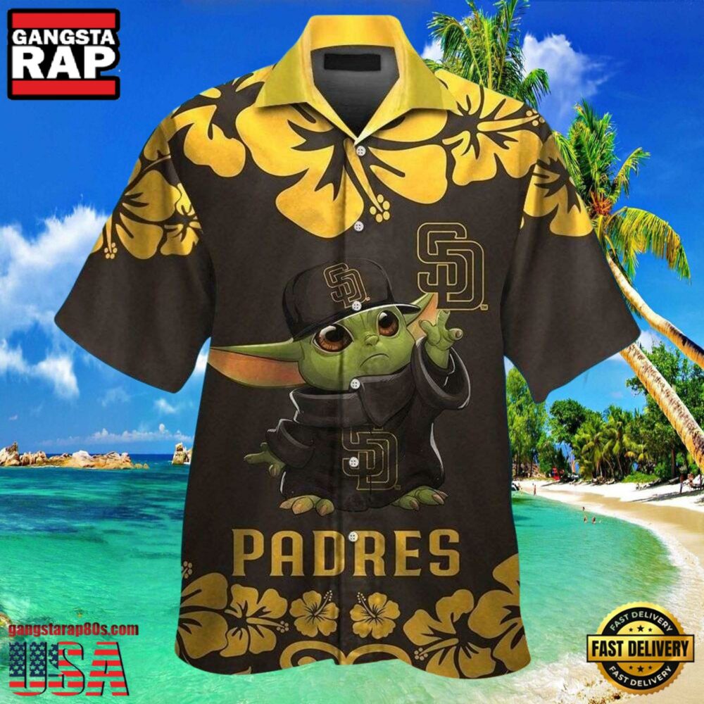 MLB San Diego Padres Aloha Hawaiian Shirt With Baby Yoda And Hibiscus Motif MLB San Diego Padres Aloha Hawaiian Shirt With Baby Yoda And Hibiscus Motif