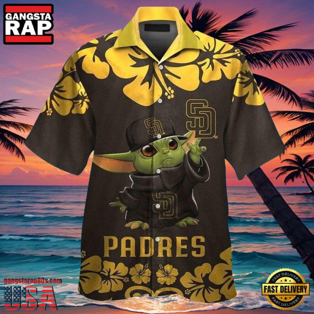 MLB San Diego Padres Aloha Hawaiian Shirt With Baby Yoda And Hibiscus Motif MLB San Diego Padres Aloha Hawaiian Shirt With Baby Yoda And Hibiscus Motif