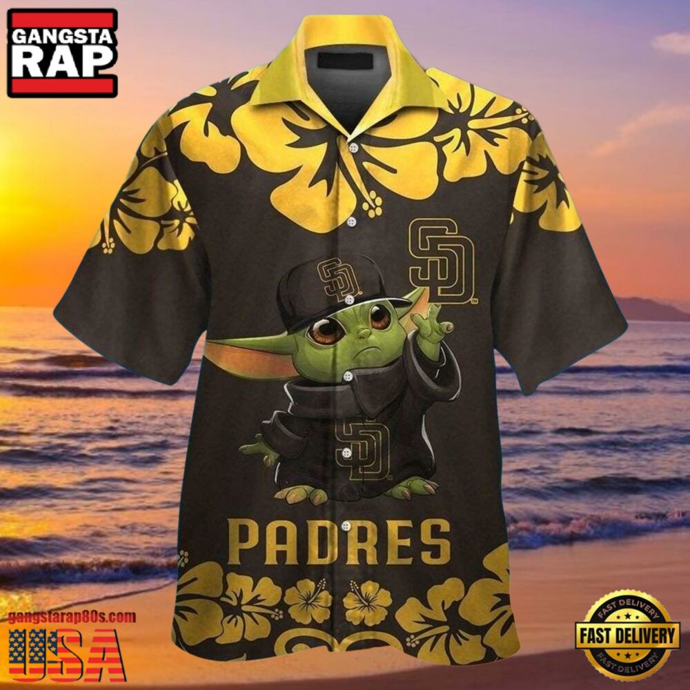 MLB San Diego Padres Aloha Hawaiian Shirt With Baby Yoda And Hibiscus Motif MLB San Diego Padres Aloha Hawaiian Shirt With Baby Yoda And Hibiscus Motif