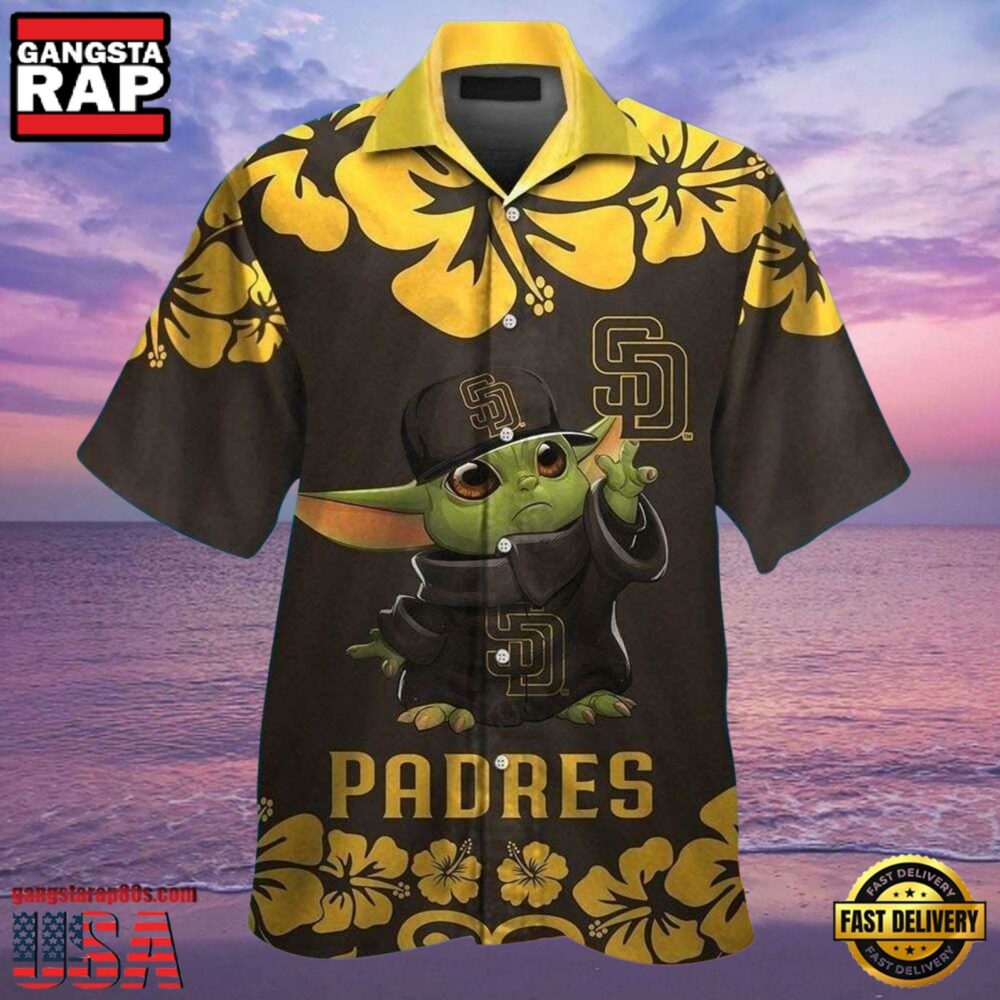 MLB San Diego Padres Aloha Hawaiian Shirt With Baby Yoda And Hibiscus Motif MLB San Diego Padres Aloha Hawaiian Shirt With Baby Yoda And Hibiscus Motif