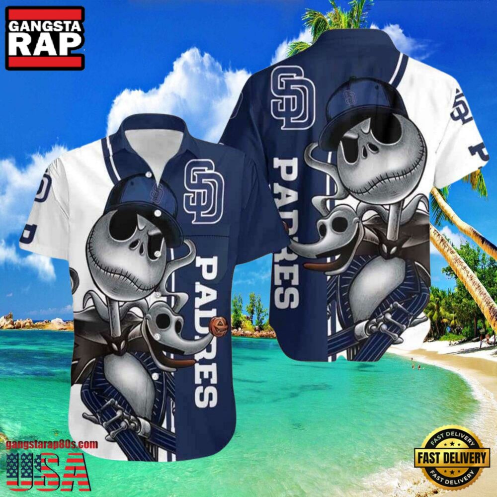 MLB San Diego Padres Aloha Hawaiian Shirt With Jack Skellington And Zero Graphic MLB San Diego Padres Aloha Hawaiian Shirt With Jack Skellington And Zero Graphic
