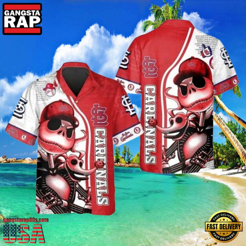 MLB St. Louis Cardinals Aloha Shirt Featuring Jack Skellington Design MLB St. Louis Cardinals Aloha Shirt Featuring Jack Skellington Design