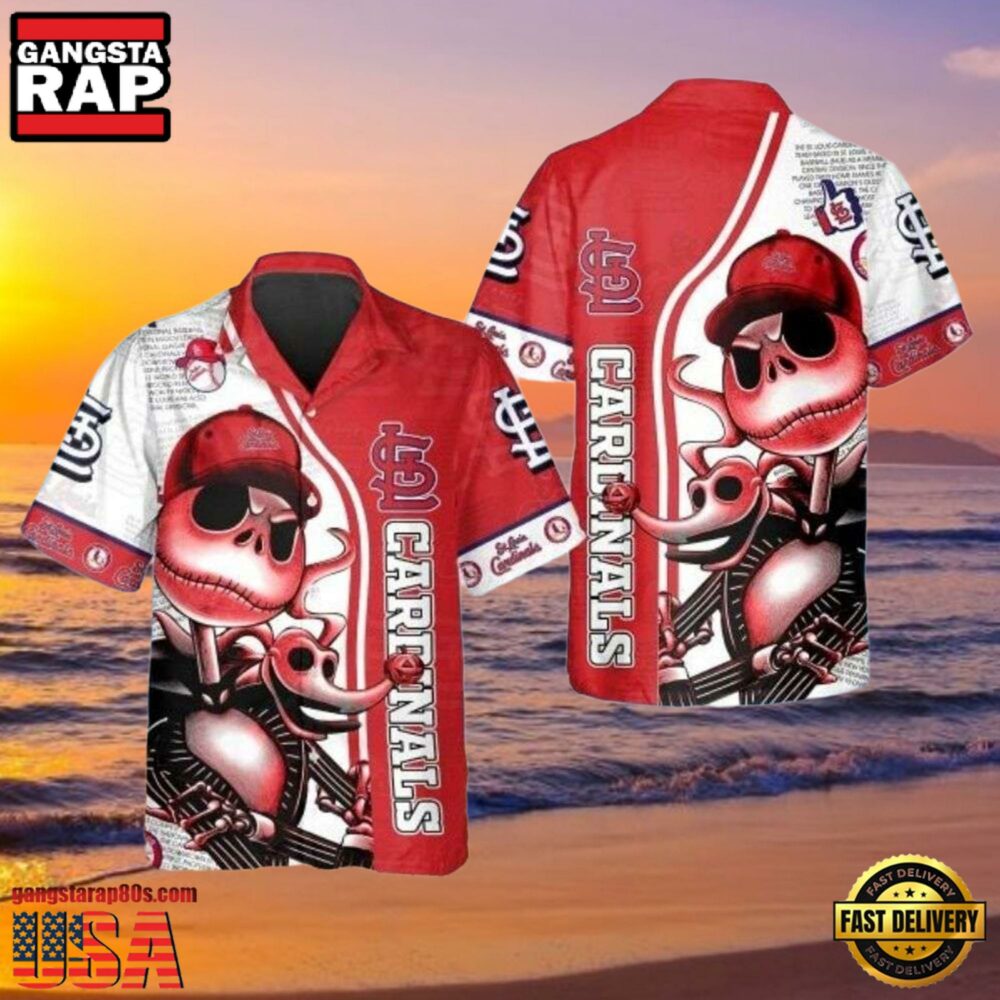 MLB St. Louis Cardinals Aloha Shirt Featuring Jack Skellington Design MLB St. Louis Cardinals Aloha Shirt Featuring Jack Skellington Design