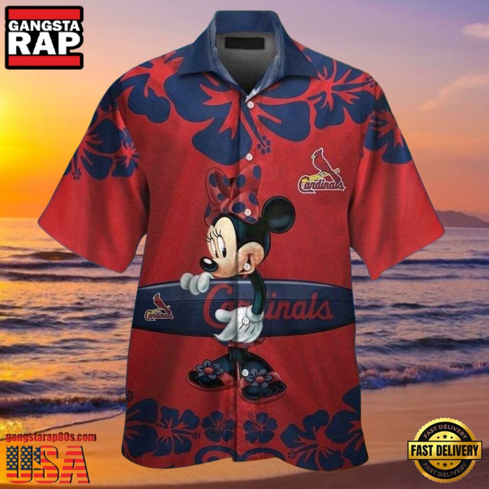 MLB St. Louis Cardinals Aloha Shirt Featuring Minnie Mouse And Surfboard MLB St. Louis Cardinals Aloha Shirt Featuring Minnie Mouse And Surfboard