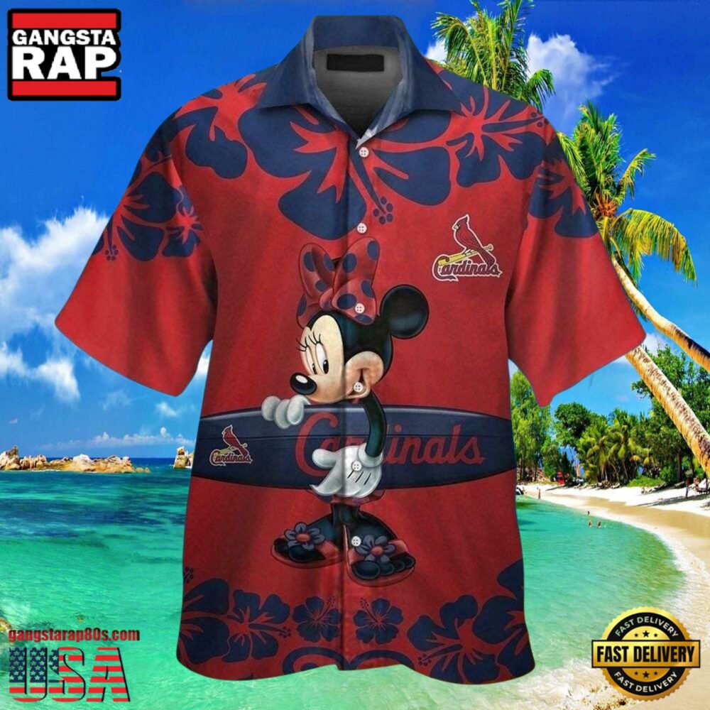 MLB St. Louis Cardinals Aloha Shirt Featuring Minnie Mouse And Surfboard MLB St. Louis Cardinals Aloha Shirt Featuring Minnie Mouse And Surfboard