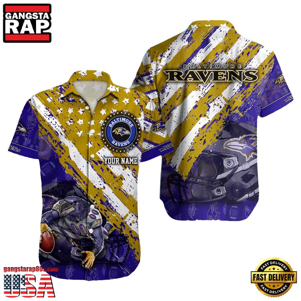 NFL Baltimore Ravens Football American Flag Mascot Custom Name Hawaiian Shirt