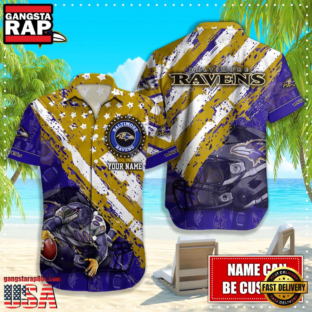 NFL Baltimore Ravens Football American Flag Mascot Custom Name Hawaiian Shirt