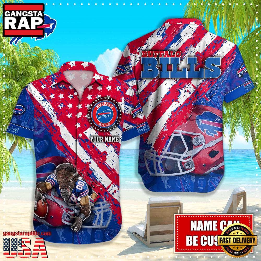 NFL Buffalo Bills Football American Flag Mascot Custom Name Hawaiian Shirt