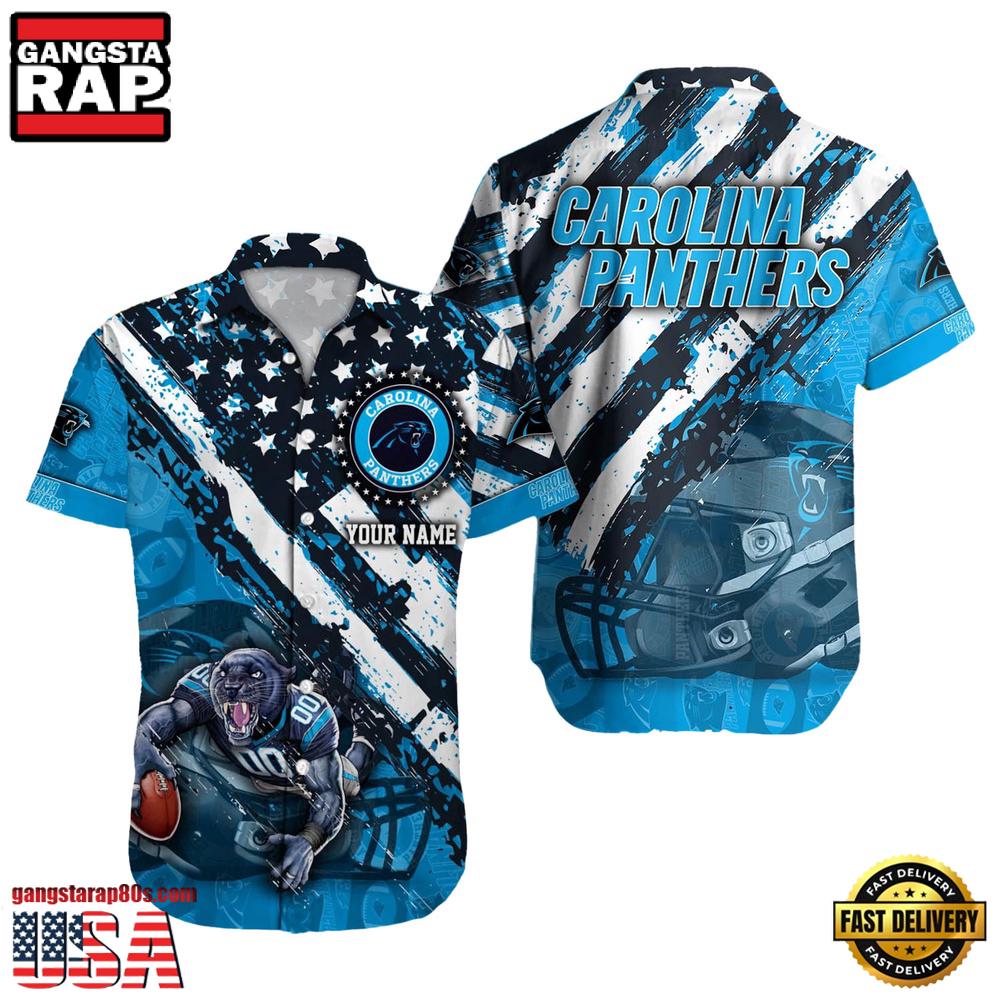 NFL Carolina Panthers Football American Flag Mascot Custom Name Hawaiian Shirt