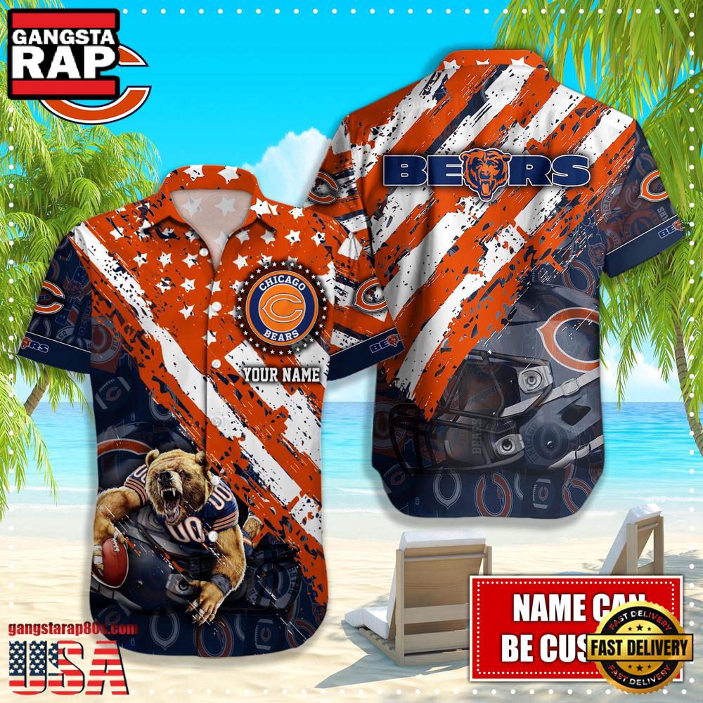 NFL Chicago Bears Football American Flag Mascot Custom Name Hawaiian Shirt