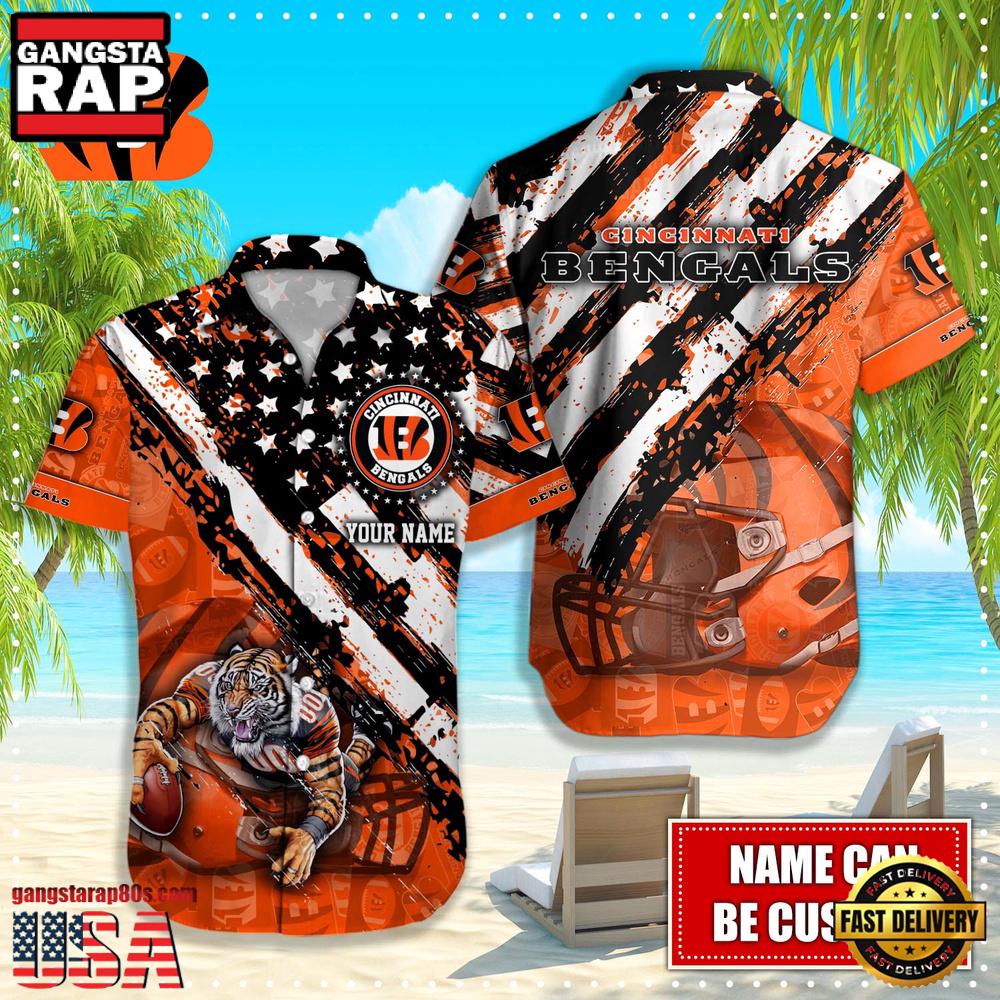 NFL Cincinnati Bengals Football American Flag Mascot Custom Name Hawaiian Shirt