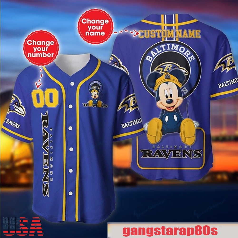NFL Custom Name Number Disney Mickey Baltimore Ravens Baseball Jersey Shirt