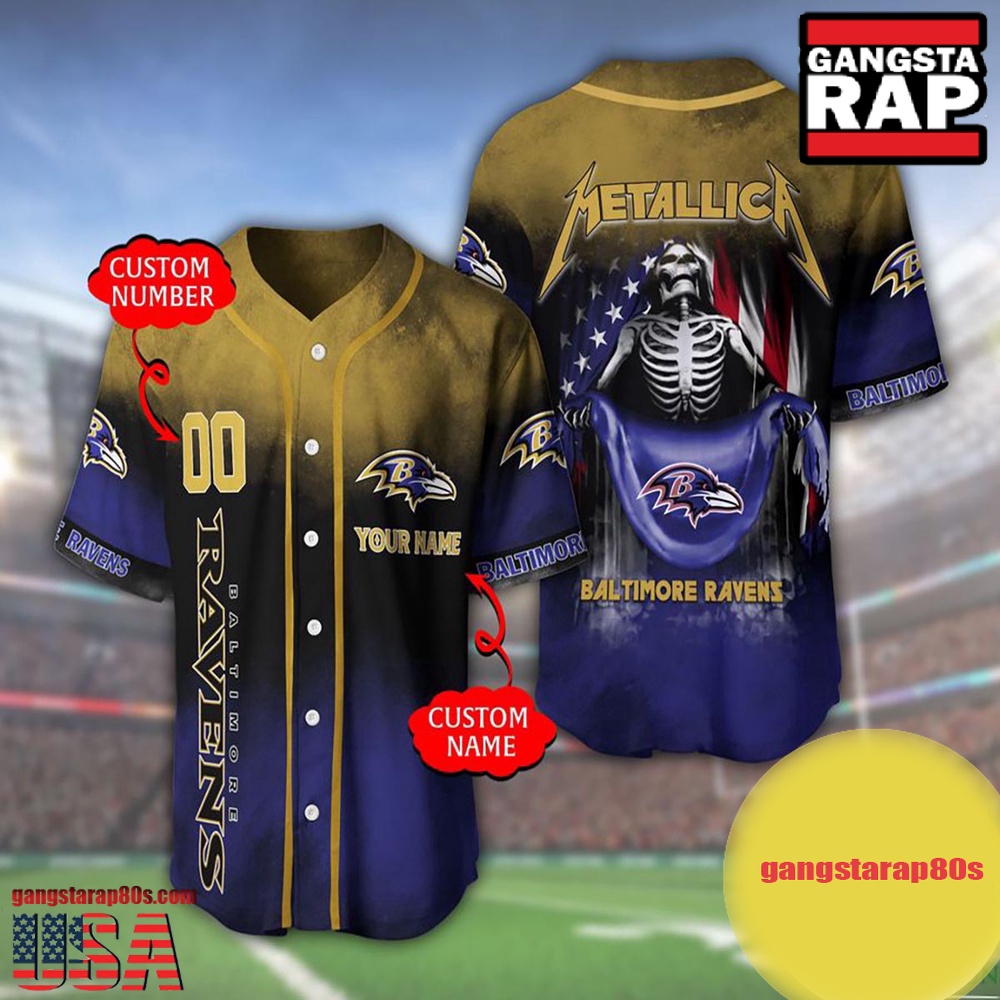 NFL Custom Name Number Metallica Band Baltimore Ravens Flag America Baseball Jersey Shirt