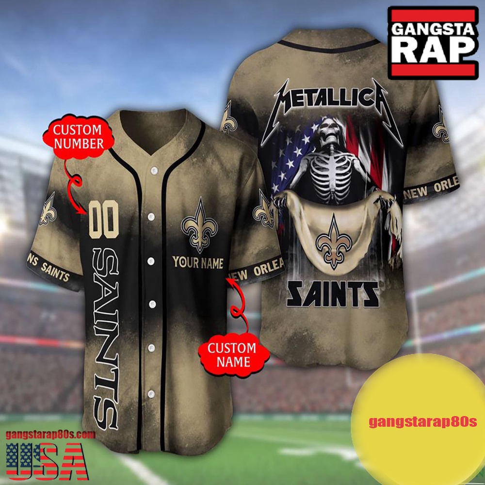 NFL Custom Name Number Metallica Band New Orleans Saints Flag America Baseball Jersey Shirt NFL Custom Name Number Metallica Band New Orleans Saints Flag America Baseball Jersey Shirt