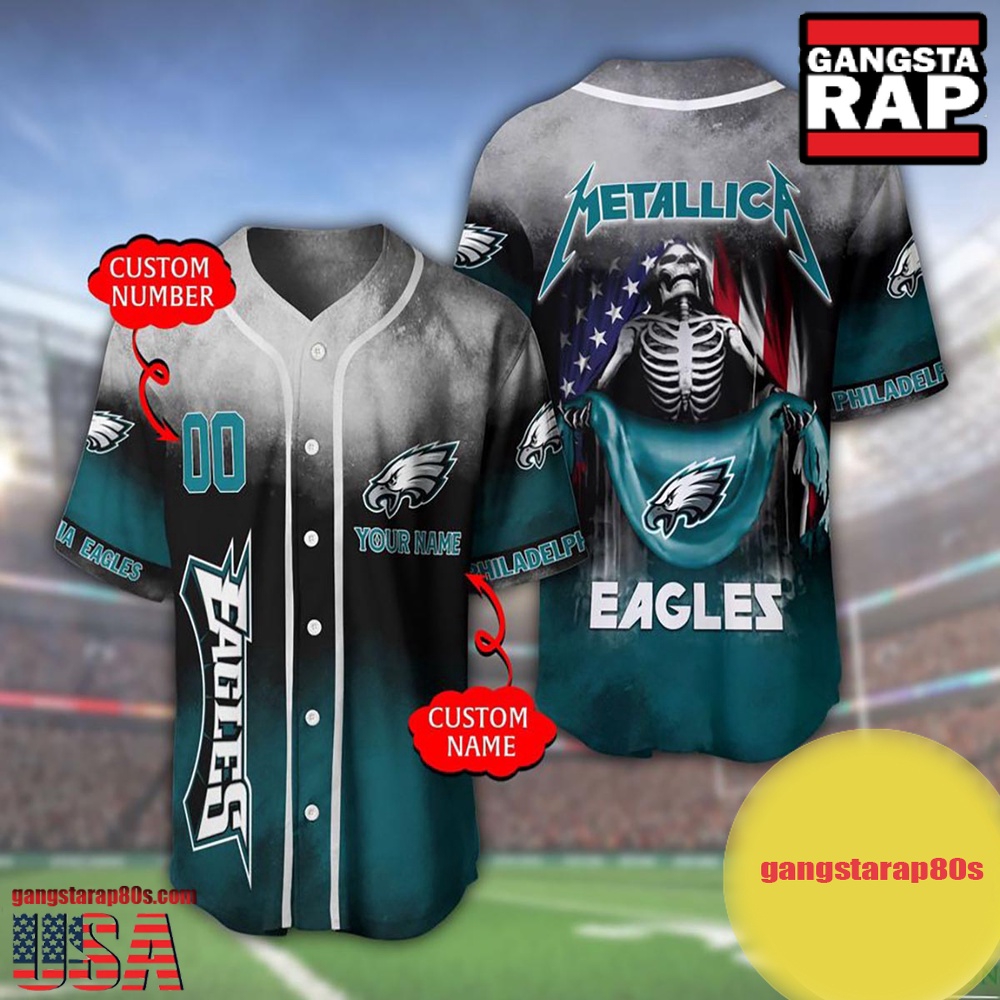 NFL Custom Name Number Metallica Band Philadelphia Eagles Flag America Baseball Jersey Shirt