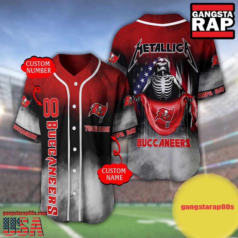 NFL Custom Name Number Metallica Band Tampa Bay Buccaneers Flag America Baseball Jersey Shirt