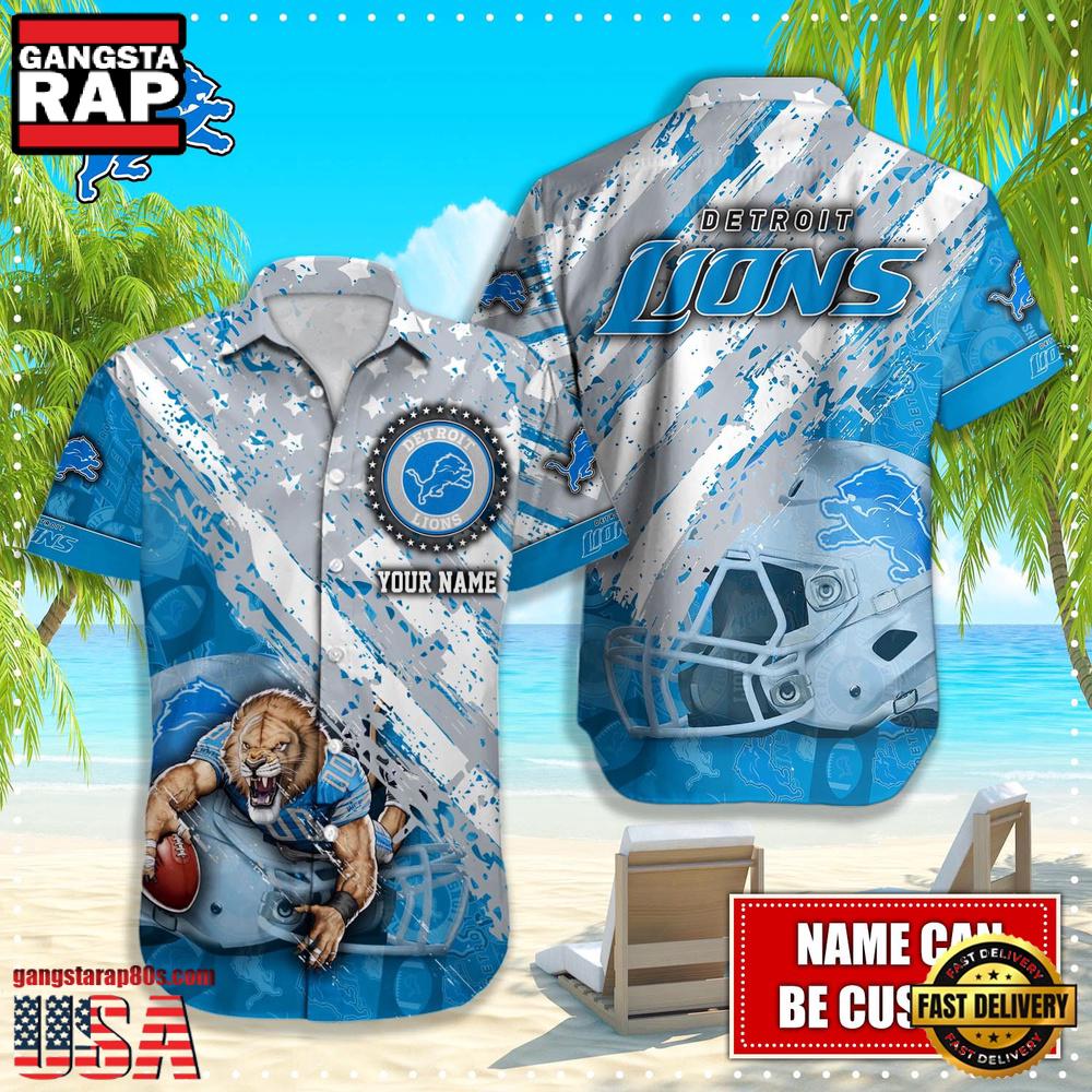 NFL Detroit Lions Football American Flag Mascot Custom Name Hawaiian Shirt