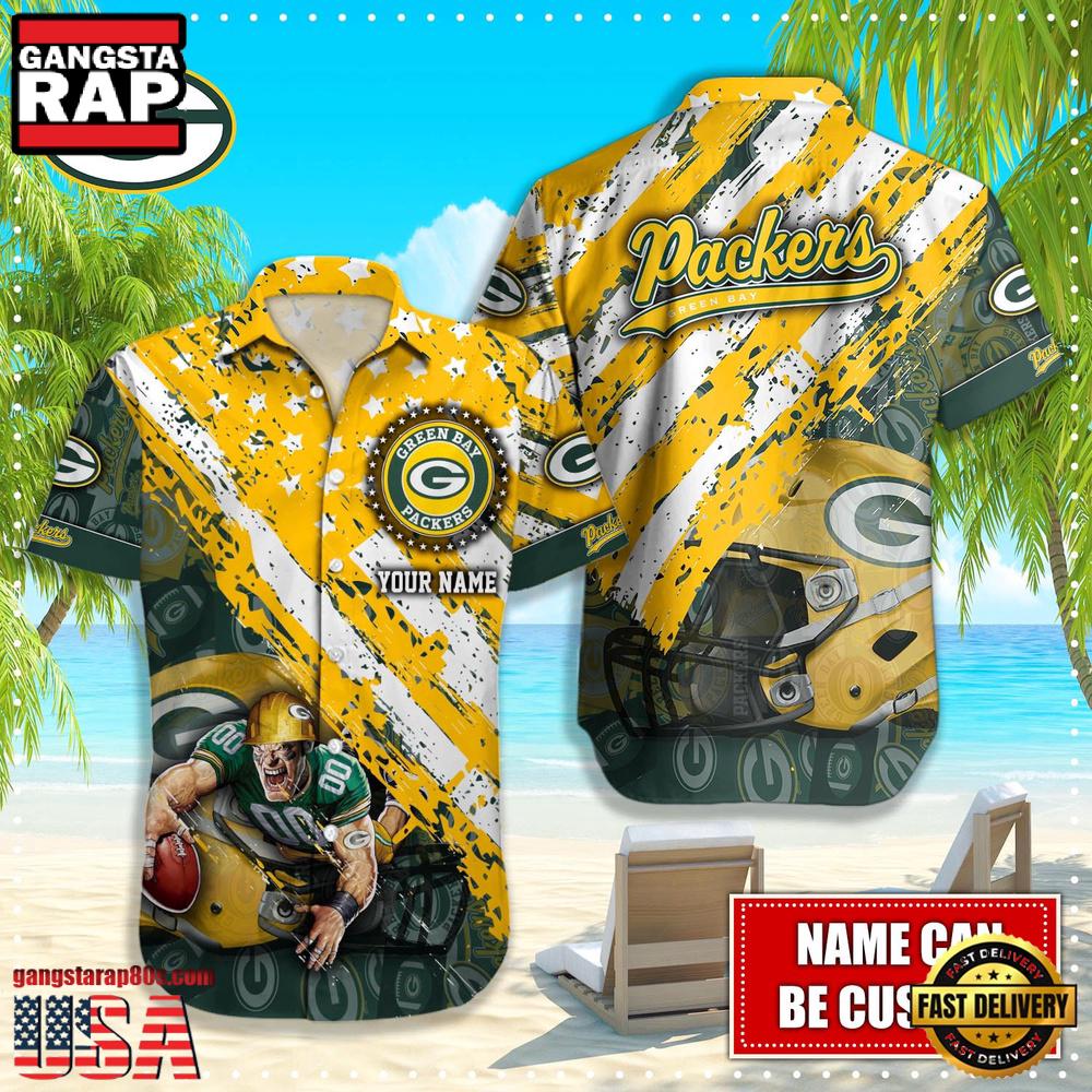 NFL Green Bay Packers Football American Flag Mascot Custom Name Hawaiian Shirt