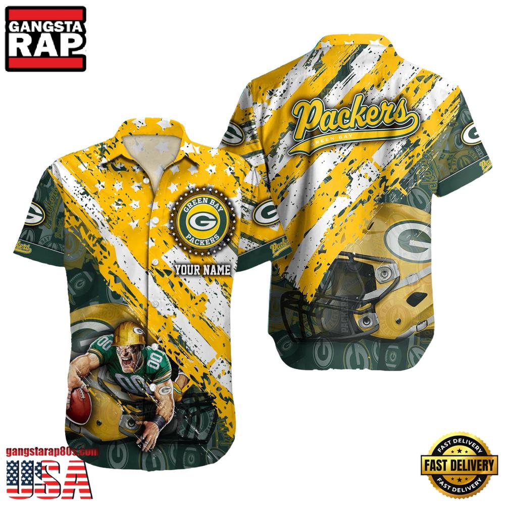 NFL Green Bay Packers Football American Flag Mascot Custom Name Hawaiian Shirt