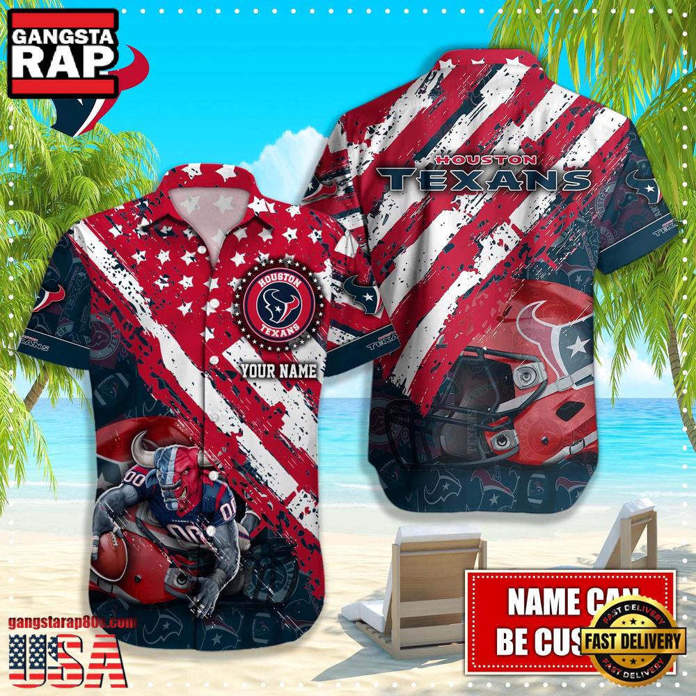 NFL Houston Texans Football American Flag Mascot Custom Name Hawaiian Shirt