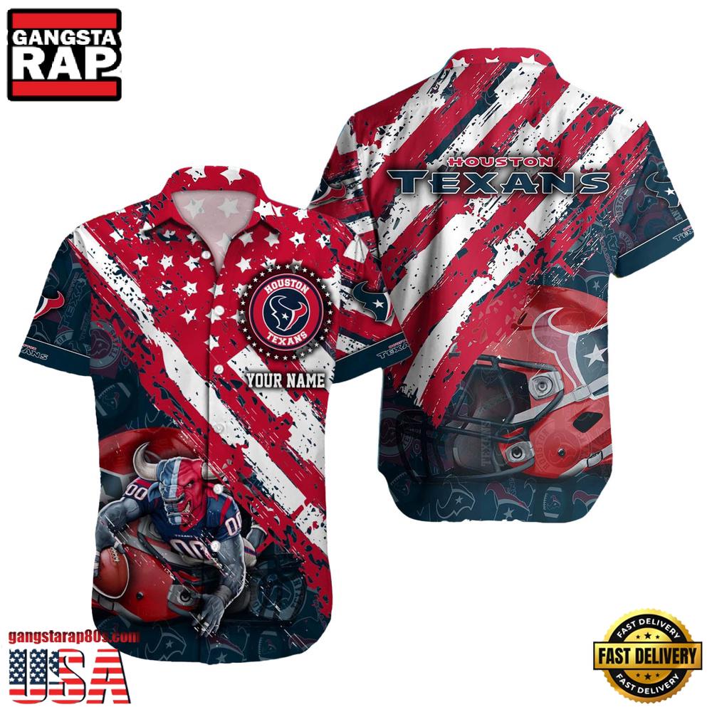 NFL Houston Texans Football American Flag Mascot Custom Name Hawaiian Shirt
