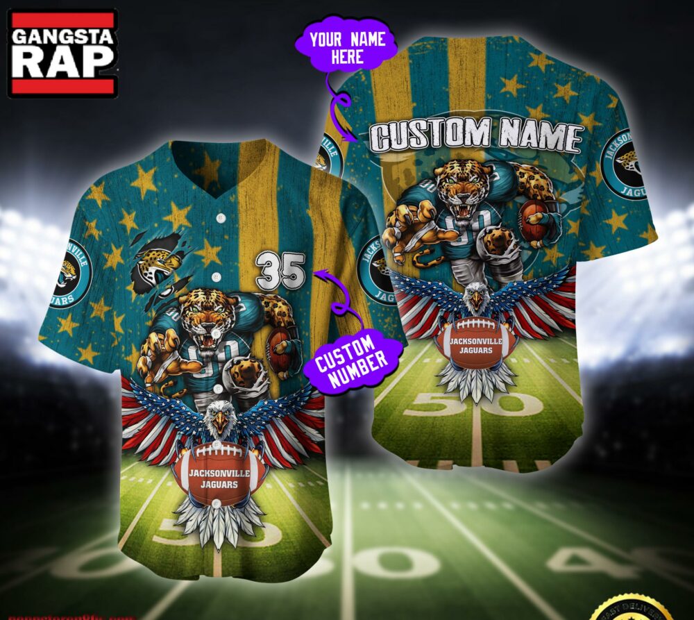 NFL Jacksonville Jaguars Eagle US Flag x Veterans Custom Name Number Baseball Jersey Shirt NFL Jacksonville Jaguars Eagle US Flag x Veterans Custom Name Number Baseball Jersey Shirt