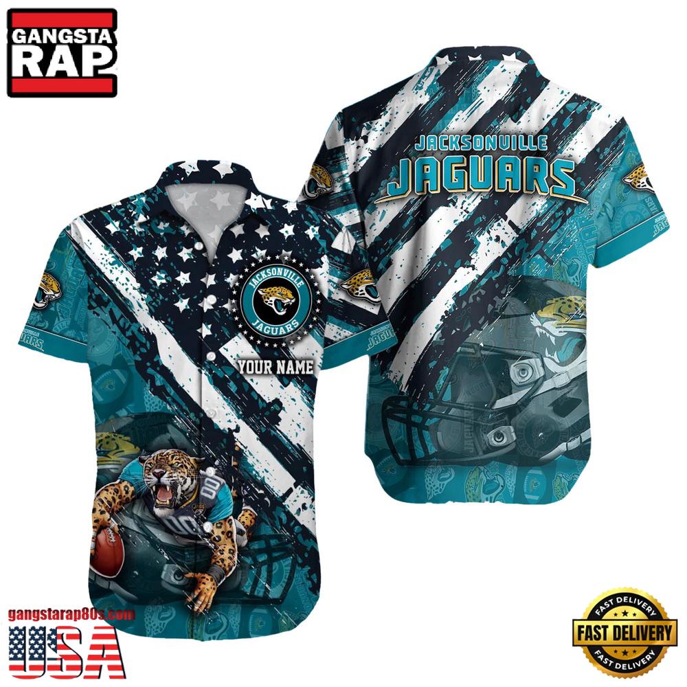 NFL Jacksonville Jaguars Football American Flag Mascot Custom Name Hawaiian Shirt