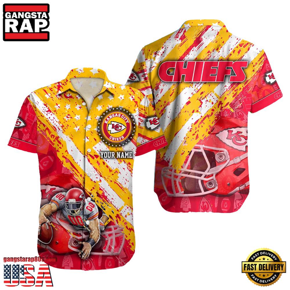 NFL Kansas City Chiefs Football American Flag Mascot Custom Name Hawaiian Shirt
