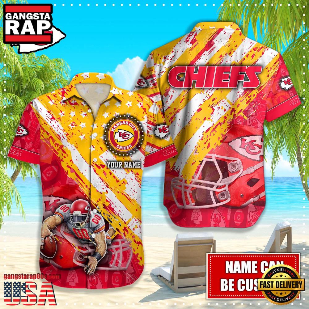 NFL Kansas City Chiefs Football American Flag Mascot Custom Name Hawaiian Shirt