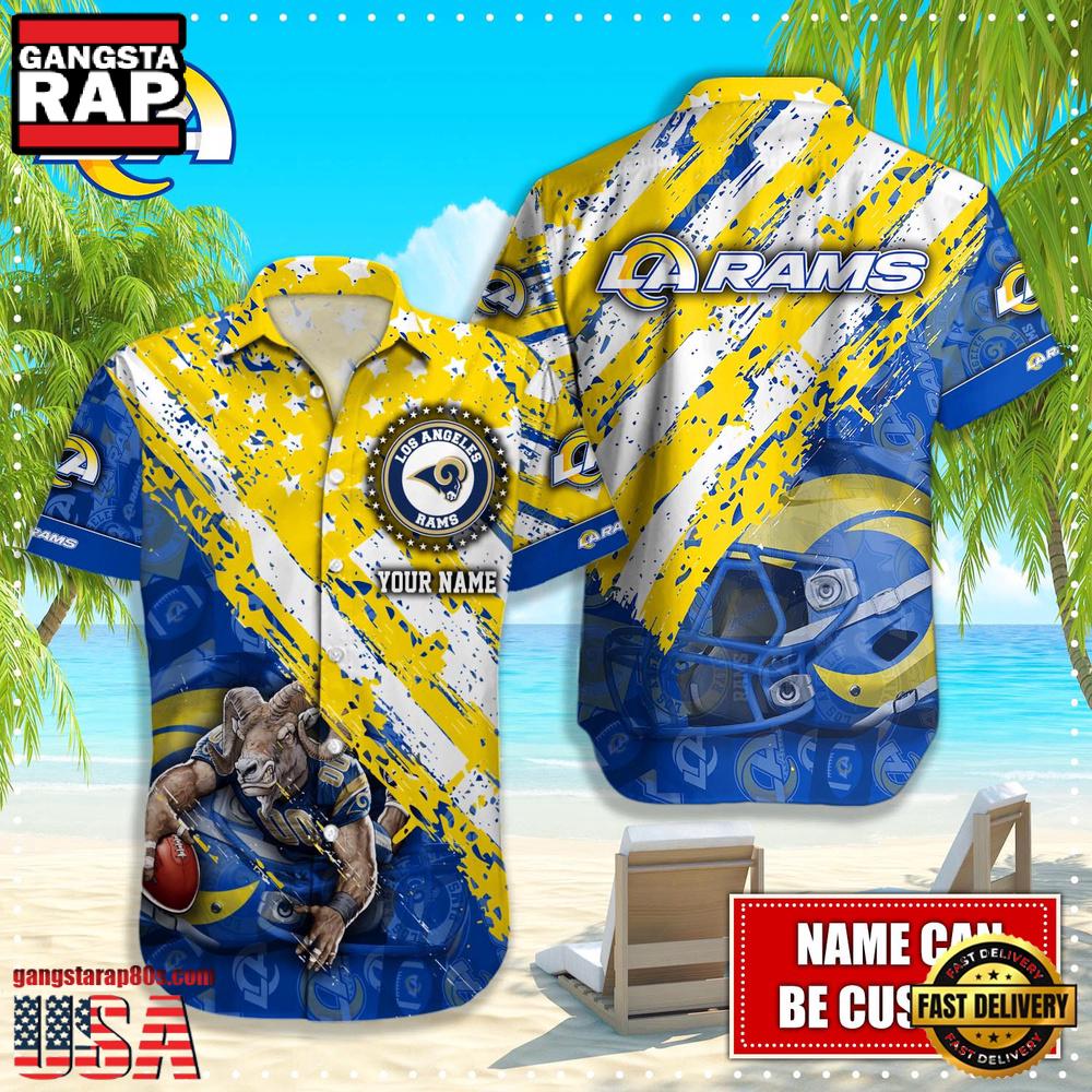 NFL Los Angeles Rams Football American Flag Mascot Custom Name Hawaiian Shirt