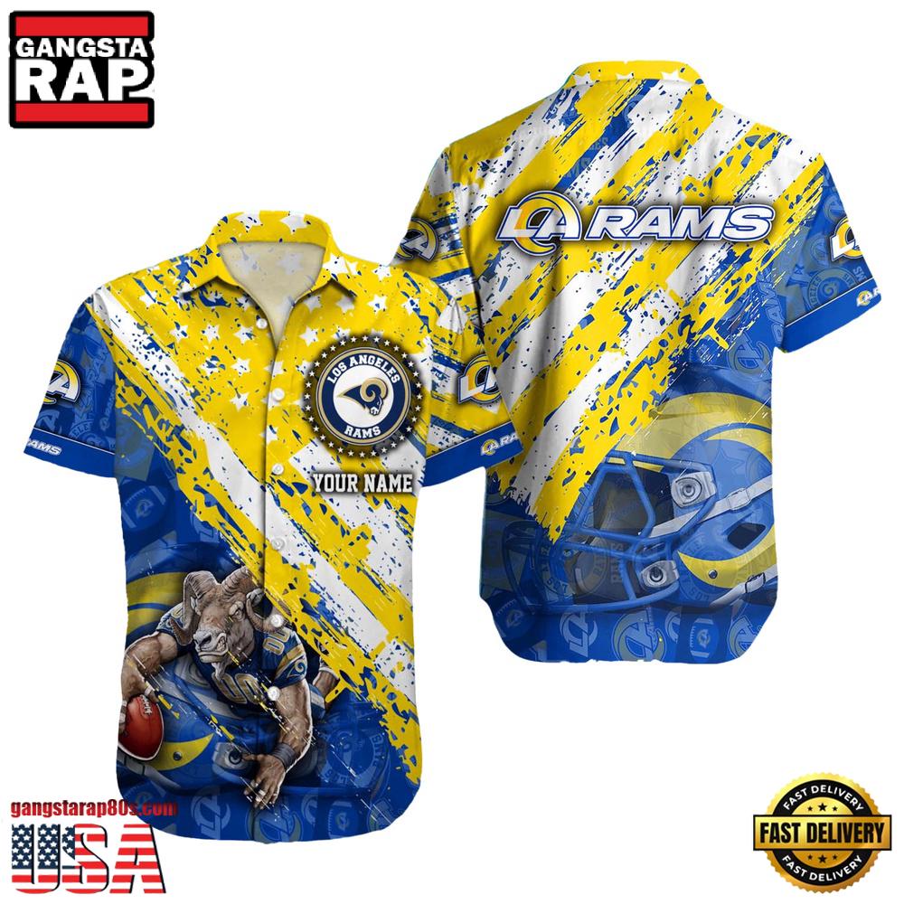 NFL Los Angeles Rams Football American Flag Mascot Custom Name Hawaiian Shirt