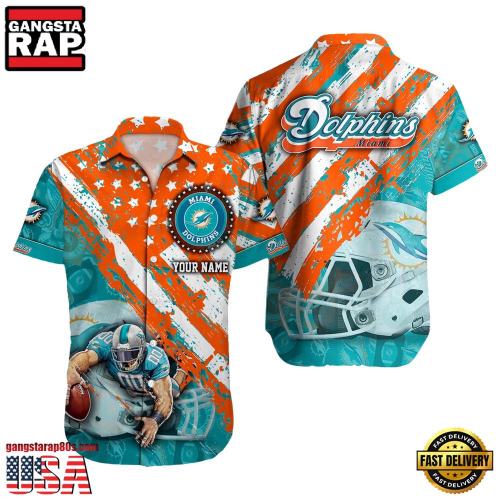 NFL Miami Dolphins Football American Flag Mascot Custom Name Hawaiian Shirt