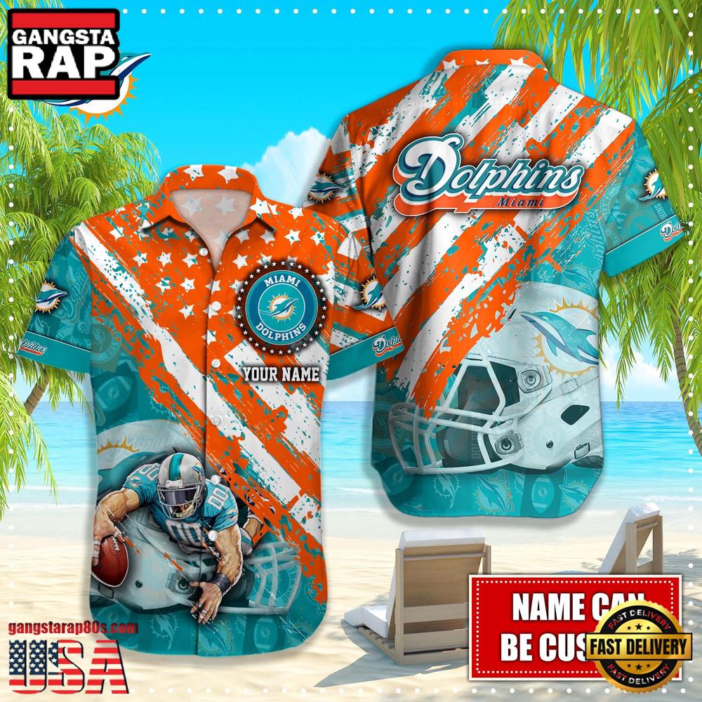 NFL Miami Dolphins Football American Flag Mascot Custom Name Hawaiian Shirt