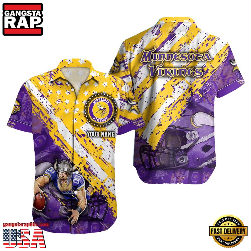 NFL Minnesota Vikings Football American Flag Mascot Custom Name Hawaiian Shirt